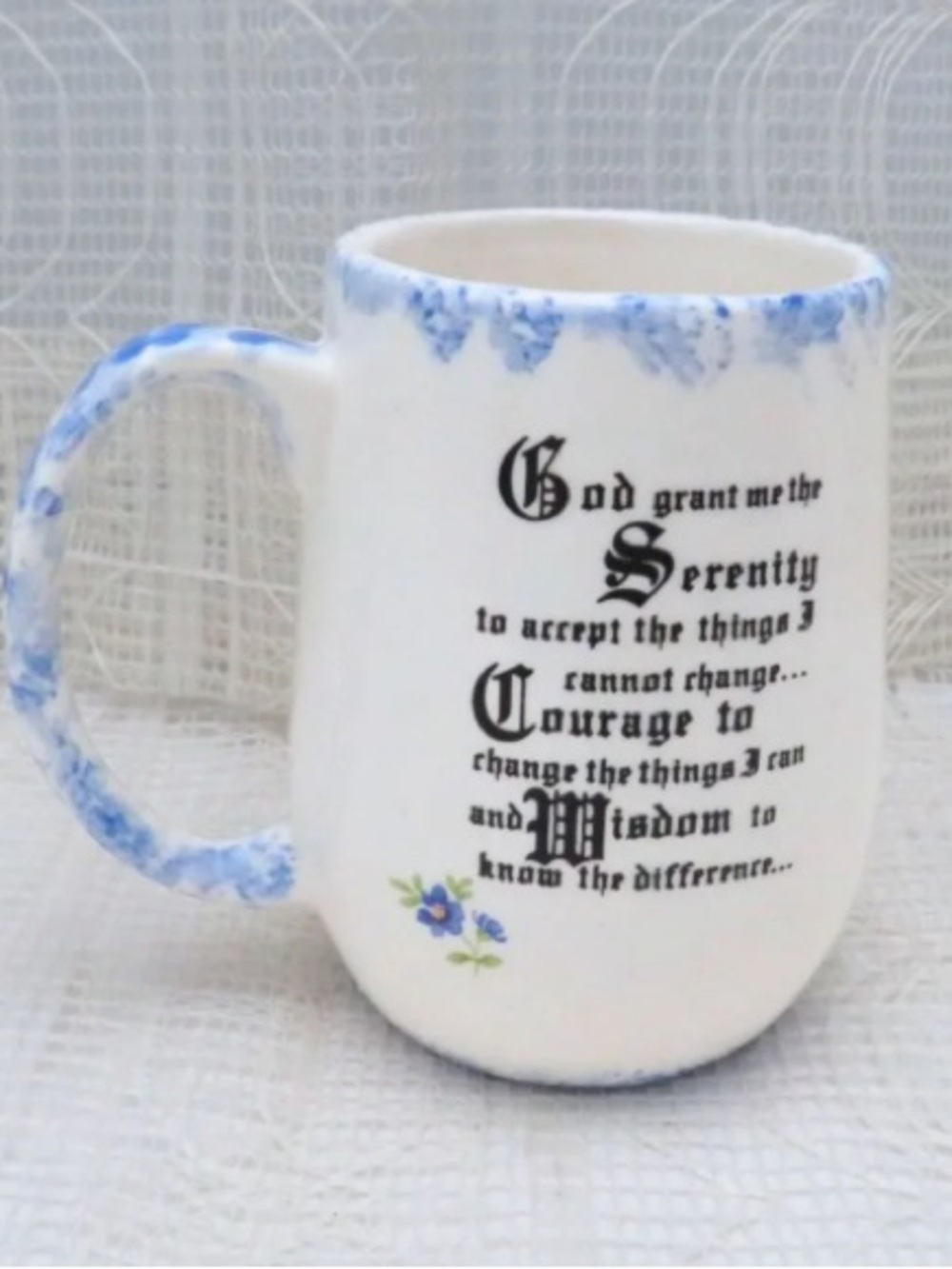 Handmade Serenity Prayer Mug White With Blue Trim, Inspirational Tea Mug